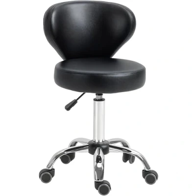 Afbeelding van HOMCOM Rollhocker höhenverstellbar Drehhocker drehbar Salon Hocker mit Lehne, Rädern, Arbeitshocker für Büro, Wohnzimmer, Kunstleder, 45 x 54 73 88 cm, Schwarz