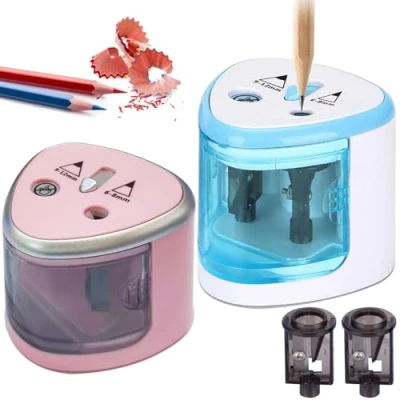 Afbeelding van elektrische puntenslijper, 2 stuks, dubbel gat 6 8 mm en 9 12 mm, universele puntenslijper voor scholen, huishoudens (blauw + roze)