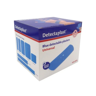 Afbeelding van Detectaplast blauwe pleisters Universal, metaaldetecteerbare, waterdichte en vuilwerende sensitive, voor de voedingsindustrie, catering grootkeuken, 25 x 72 mm, 100 stuks