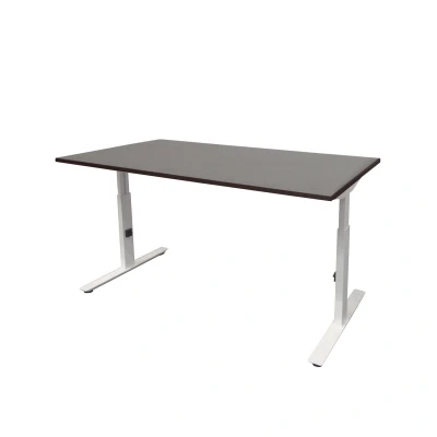 Afbeelding van Linesto Plus bureau, hoogte instelbaar (65 85cm) met 180x80cm logan eiken 25mm blad en wit (RAL9010) t poot frame rechte tenen