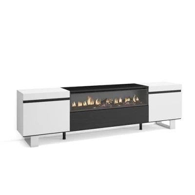 Afbeelding van Skraut Home TV kast televisie woonkamermeubel opslag 200 x 57 35 cm voor tv&#039;s tot 80 inch elektrische open haard industrieel design moderne stijl zwart en wit