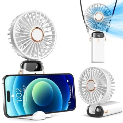Afbeelding van Koonie Draagbare handventilator, op batterijen werkende ventilator met basis, LED display, handventilator 5 snelheden, 90 verstelbare opvouwbare bureauventilatoren, USB oplaadbare