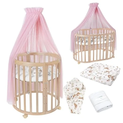 Afbeelding van Waldin Ovale Babybedset 7in1 Babybedje met Matras, Commode, Meegroeiwiegje, Houten Zijbed, Hout Natuurlijk, Stoffen Roze Dieren