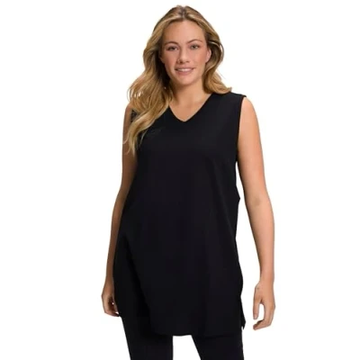 Afbeelding van Ulla Popken Dames grote maten plus size top basic, tanktop top, V hals, losse snit, zwart, 58 60