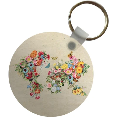 Afbeelding van Sleutelhanger Wereldkaart Bloemen Vlinder Bruin papier Plastic Rond Uitdeelcadeautjes