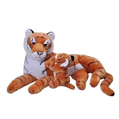 Afbeelding van Grote pluche gestreepte tijger met welpje knuffel 76 cm Safaridieren knuffels Speelgoed voor kinderen