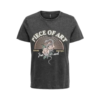 Afbeelding van Dames Bedrukt T shirt Korte Mouw Rond Hals Top met Print Bedrukte Mouwen ONLLUCY, Colour:Dark grey 4, Size:S
