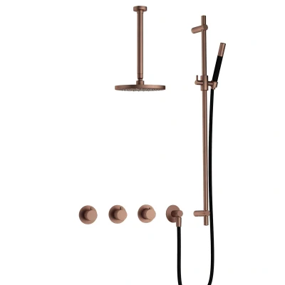 Afbeelding van Hotbath Cobber Regendoucheset IBS70 Geborsteld Koper PVD Staaf handdouche 20cm Hoofddouche 30cm Plafondbuis Handouche met glijstang