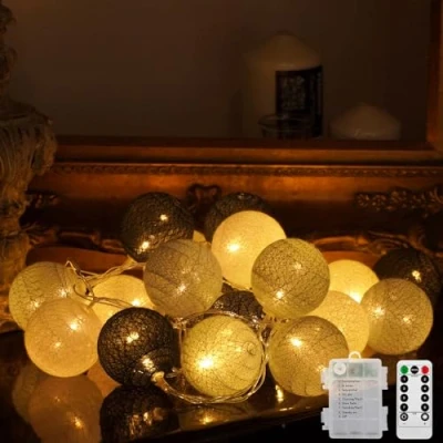 Afbeelding van Ciskotu Katoenen bollen, lichtketting, werkt op batterijen, 20 leds, dimbaar, met afstandsbediening, led lichtketting voor kinderkamer, Kerstmis, bruiloft, feest (grijs)