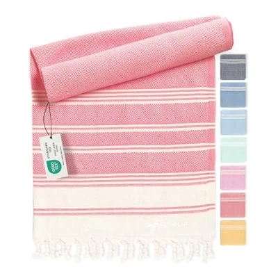 Afbeelding van Fit Flip Hamamdoek Strandhanddoek XXL van 100% gerecycled katoen sneldrogend strandlaken, fouta, pestemal Turkse handdoek ideaal als hamam saunahanddoek en sarong Koraal 100x200cm Diamond