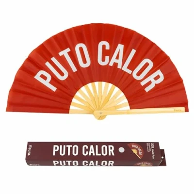 Afbeelding van Fisura grote Opvouwbare waaier &quot;p*to calorie&quot;. Originele met rode boodschap XXL. bamboe waaier. Afmetingen: 64 x 33 cm.