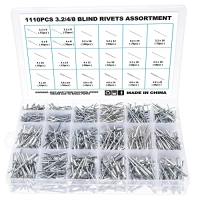 Afbeelding van Gueenky 1110 stuks blindklinknagels van aluminium, 3,2/4/4,8 mm, 20 maten, popklinknagelassortiment, met opbergdoos voor metaal, hout, kunststof