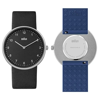 Afbeelding van Braun 2 Hand Analogue Quartz Watch, Black Dial and Leather Strap with additional Blue Silicone Rubber Strap, 38mm, model BN0281BKBLG.
