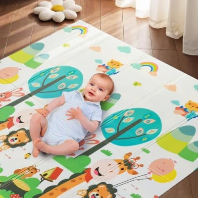 Afbeelding van Babyspeelmat, 200 x 180 cm 1 cm, kinderspeelmat, opvouwbaar, niet giftig, geurloos, XXL XPE schuimvloermat, antislip, aan beide zijden waterdicht, giraffe