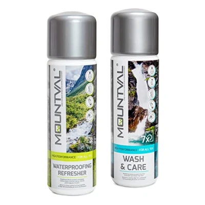 Afbeelding van Kledingverzorgingsset voor Nat Weer, Mountval Wash &amp; Care (315 ml), Waterproofing Refresher (300 Bescherming Technische en Natte Weerkleding, Wandeluitrusting incl. GORE TEX