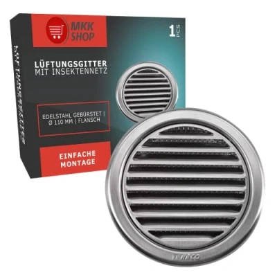 Afbeelding van Ventilatierooster, rond, lamellenrooster met muggennet, roestvrij staal, diameter 75 100 110 125 150 mm, voor garage, keuken, badkamer, Ø mm