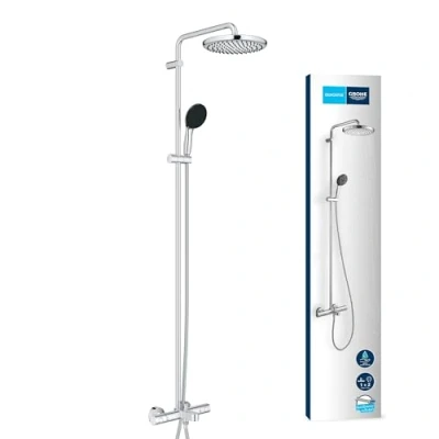 Afbeelding van GROHE Vitalio 250 26988001 Douchesysteem met badkraan, waterbesparend, 8 l per minuut (2 straalsoorten, draaibare hoofddouchearm, veiligheidsslot bij 38C, antikalksysteem), rond, chroom