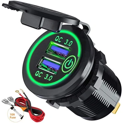 Afbeelding van GemCoo QC3.0 dubbele USB contactdoos voor auto‘s, met aanraakschakelaar, 12 V/24 V, 36 W, 2 poorts batterijoplader, waterdicht, led display (groen)