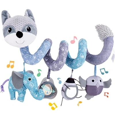 Afbeelding van Koty Autostoelspeelgoed, baby spiraal pluche activiteit opknoping speelgoed voor kinderwagen bar wieg met muziekdoos BB pieper &amp; rammelaars (grijze vos)