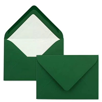 Afbeelding van enveloppen in donkergroen met witte binnenvoering, DIN B6 formaat, 12,5 x 17,6 cm, zijdevoering, natte plakrand