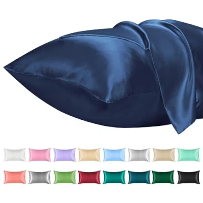 Afbeelding van Lirex 2 Pack Satijnen Kussenslopen, Standaard Formaat Zacht Effen Kleur Microfiber Kussensloop, Envelop Sluiting Kreukvrij Vervagingsbestendig Ademend (40x80 cm, Marineblauw)
