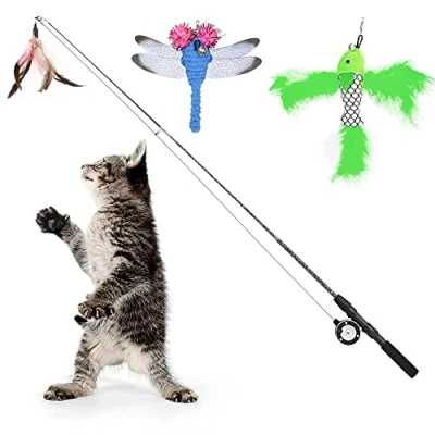 Afbeelding van Pawaboo Cat Feather Teaser Wand Toy, 4 Pack Interactive Retractable Fishing Pole Catcher Exerciser with Assorted Refills Fish, Dragonfly Worm Bells, Fun Kitten Kitty Playing Toy Blue