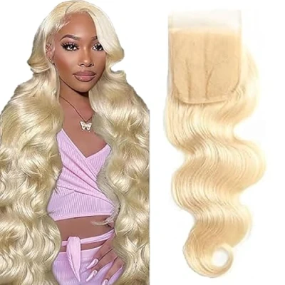 Afbeelding van Tuheerst Real Hair Closure 4x4 Human Lace Frontal Body Wave 613 Blonde Pre Plucked with Baby No Tangle Smell Virgin 16 Inches