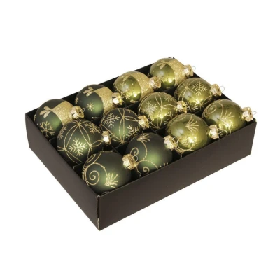 Afbeelding van Othmara Kerstballen 12st glas gedecoreerd donkergroen 7,5 cm