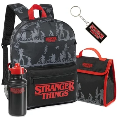 Afbeelding van Stranger Things 4 delige schoolrugzak set met lunchtas, waterfles sleutelhanger, Zwart/Rood, Eén maat