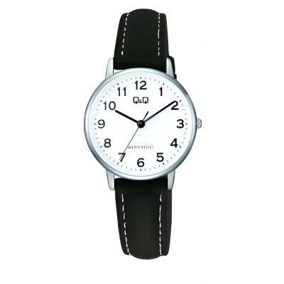 Afbeelding van Q&amp;Q C65A 004PY Horloge Dames Zilverkleurig Duidelijke wijzerplaat Zwart lederen band