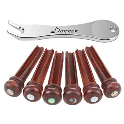 Afbeelding van Donner Akoestische gitaar brugpennen, 6 stuks houten gitaarbrugpennen ingelegd 3 mm Abalone Dot met gitaarpinnen, trekker en schuurpapier (bruin Cocobolo)