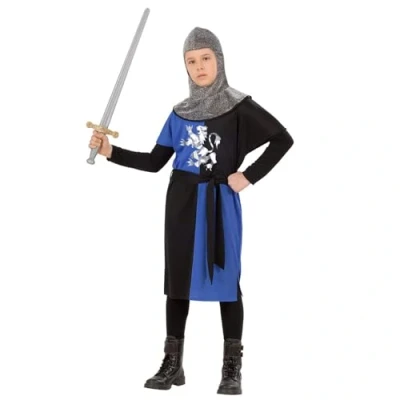 Afbeelding van Widmann Middeleeuwse &amp; Renaissance Strijders Kostuum Ridder In Opleiding Jongen Blauw, Zwart, Zilver Maat 140 Carnavalskleding Verkleedkleding