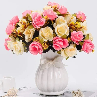 Afbeelding van LESING Kunstmatige zijden roos met vaas nepbloemen bruiloft bloemen boeketten arrangement thuiskantoor feest middelpunt tafeldecoratie (roze 1)