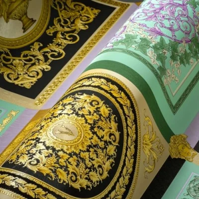 Afbeelding van &quot;MEDUSA HOOFD&quot; SATIJN GLANZEND BAROK BEHANG Design munt lila zwart goud groen A.S. Création Versace 5