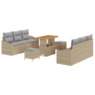 Afbeelding van vidaXL 9 delige tuinsofa set met kussens Beige Poly Rattan Acacia