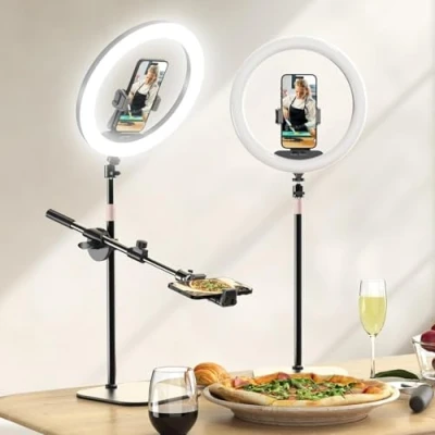Afbeelding van UBeesize 12 inch led ringlicht met statief, mobiele telefoon, overhead statief telefoon ringlicht, dimbare tafelringlicht voor YouTube video opnames, selfie, make up, Tik Tok,