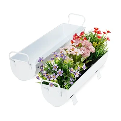 Afbeelding van Relaxdays bloempot 2 stuks bloembak dakgoot balkonbak plantenbak sierpot ijzer wit