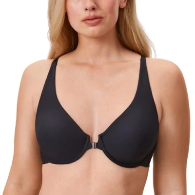 Afbeelding van DELIMIRA Vrouwen Front Sluiting Bras Naadloze Plus Size Plunge Onderdraad Ongevoerd Comfortabele BH, Zwart, 90D