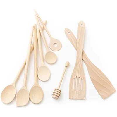 Afbeelding van tuuli Kitchen 9 delige Keukengereedschapset Hout Beuk Groot Klein (6x Kooklepels 18 cm 35 Lengte, 2x Spatel, Honinglepel)