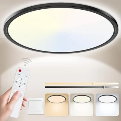 Afbeelding van Yexati Badkamerlamp 24w 3200lm 30cm Dimbaar Met Afstandsbediening 6500k 3000k, Ip54 Led Ultradunne Plafondlamp Rond Voor Keuken Toilet Portiek Slaapkamer Bijkeuken Zwart
