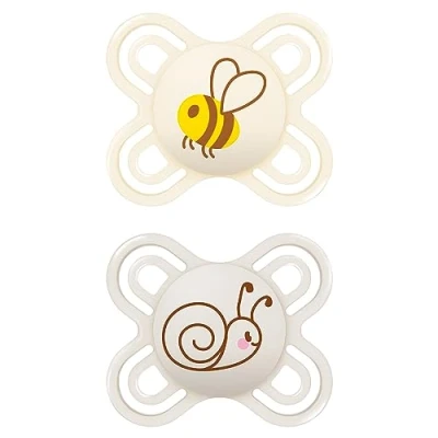 Afbeelding van MAM Perfect Start fopspeen in set van 2, speciaal voor pasgeborenen, tandvriendelijke baby duurzame en biologisch hernieuwbare materialen, met fopspeenbox, 0 2 maanden, bijen/slak