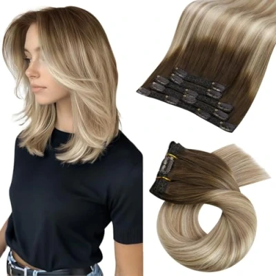 Afbeelding van Moresoo clip in extensies, echt haar, bruin, haarverlenging, ombre haarextensies, Remy dubbele strengen, bruin tot lichtbruin met blond, #3/8/22, 5 stuks, 80 g, 35 cm