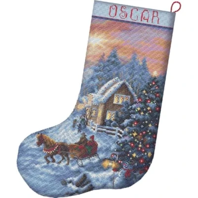 Afbeelding van Borduurpakket LETI 8011 Christmas Eve Stocking KERSTSOK telpatroon om zelf te borduren.