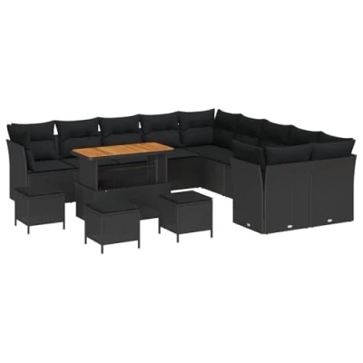 Afbeelding van vidaXL 14 Delige Tuin Sofa Set met Kussens Zwart Poly Rattan Acacia, 4 Eet Acacia