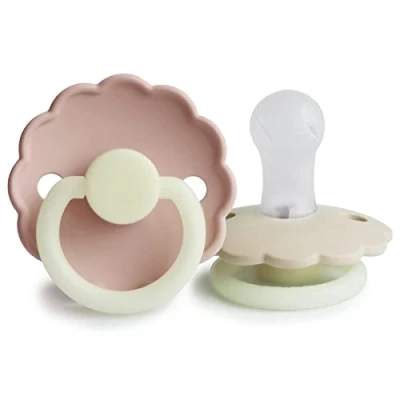Afbeelding van FRIGG Daisy siliconen nachtlicht fopspeen, 2 stuks, symmetrische speen in kersenvorm, gemaakt Denemarken, fopspeen (Blush Night/Cream Night, maat 1 (0 6 maanden)