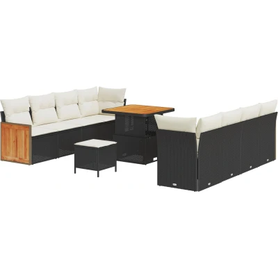 Afbeelding van vidaXL 11 delige Tuin Sofa Set met Kussens Zwart Poly Rattan Acacia, 3 Eettafel Acacia