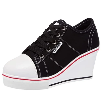 Afbeelding van ANUFER Vrouwen Sleehak Veterschoenen Canvas Hardloopschoenen Zwart SN02435 EU38
