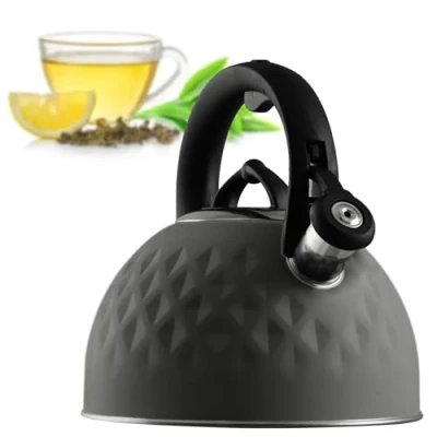 Afbeelding van KADAX Waterketel van roestvrij staal, emaille ketel met handvat, theeketel, retro waterkoker voor alle warmtebronnen, theekoker, fluitketel, fluitketel (grijs, 2,5 l)
