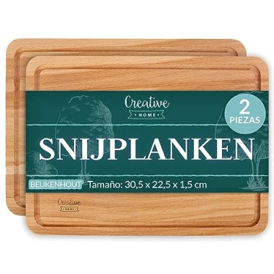 Afbeelding van Creative Home Houten snijplank 30,5 x 22,5 cm Set van 2 Snijplanken met Sapgroef Natuurlijk Beukenhout Omkeerbaar Keuken