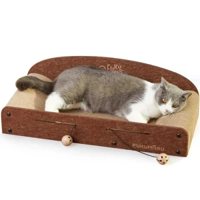 Afbeelding van FUKUMARU karton krabben, 66 cm loungebed, duurzaam kattenkrabbed, grote ligstoel, 2 omkeerbare kattenkrabpads voor binnenkatten, recyclebaar kattenkrabbed met bel bal speelgoed